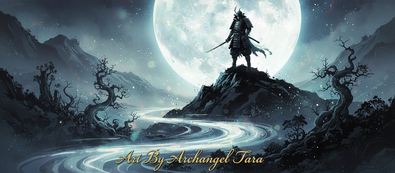 Samurai standing on a rocky hill under a full moon in a mystical, moonlit landscape with twisted trees and a winding river.