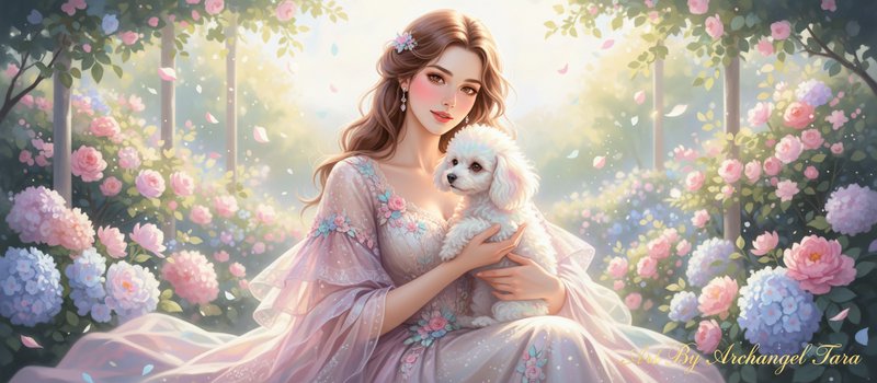 Illustration of a woman in a pastel floral garden holding a white poodle