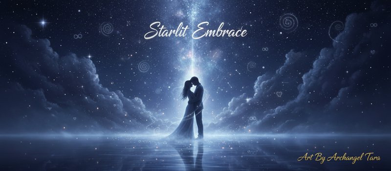 Silhouetted couple embracing on a reflective water surface under a star-filled night sky with glowing clouds.