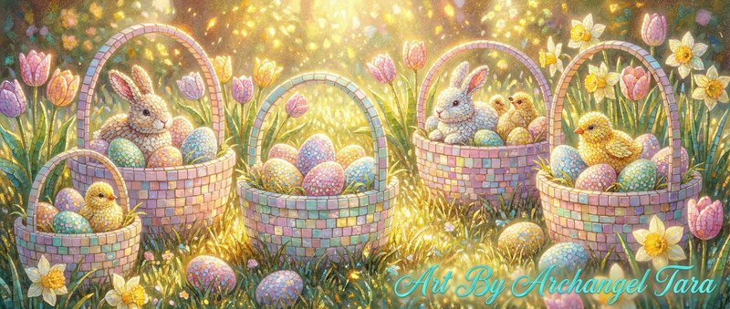 Vibrant Easter scene with pastel woven baskets, rabbits, chicks, and colorful eggs in a blooming field