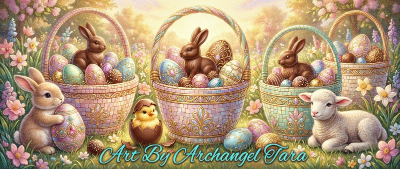 Colorful Easter baskets with bunnies, chicks, and decorated eggs in a spring garden
