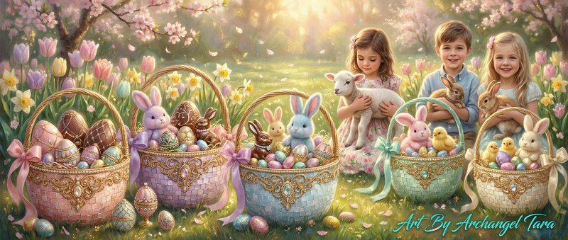 Three children in a sunlit garden with pastel Easter baskets and plush bunnies.
