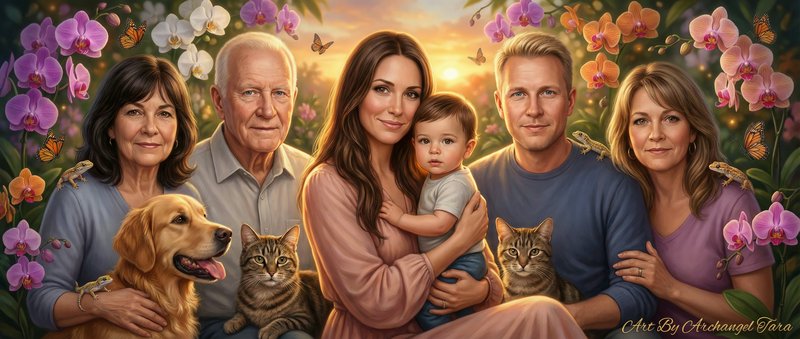 Family portrait with grandparents, parents, baby, and pets in a garden at sunset