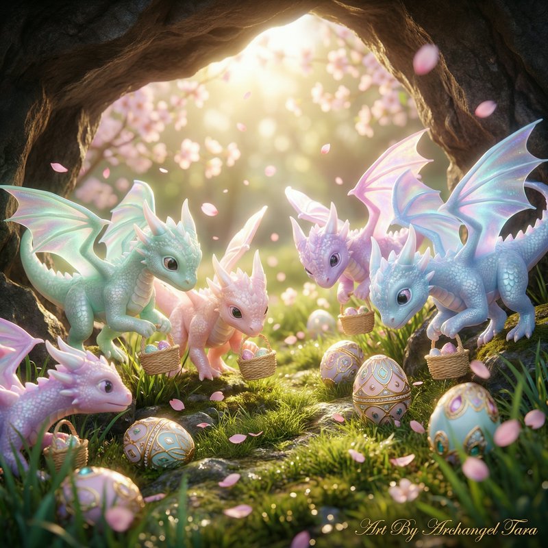 Pastel-colored baby dragons with baskets amid decorated eggs in a sunlit, blossom-filled cave.