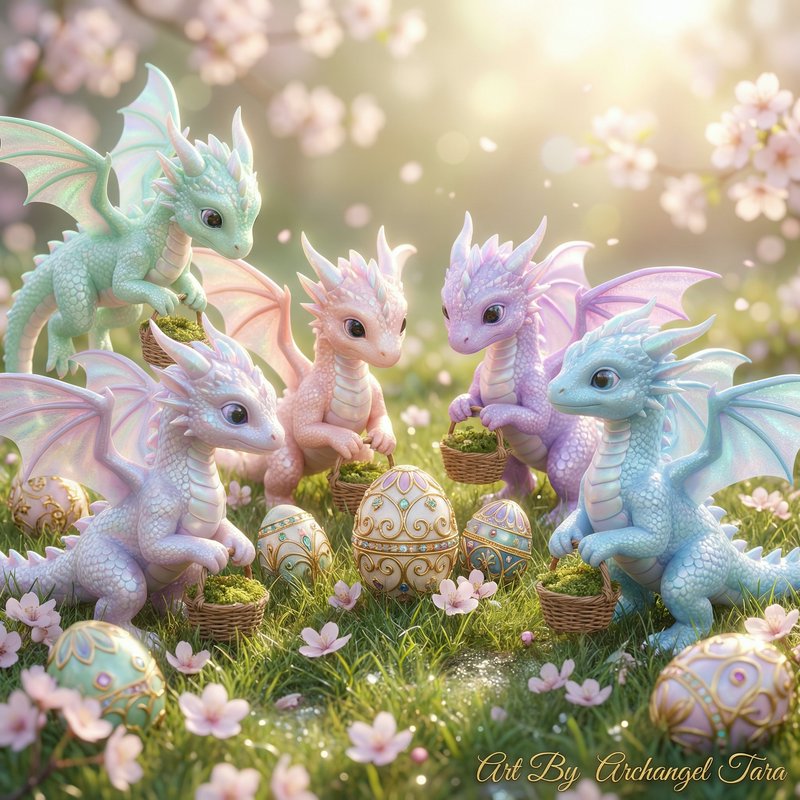 Pastel baby dragons gather around ornate eggs in a sunny spring meadow.