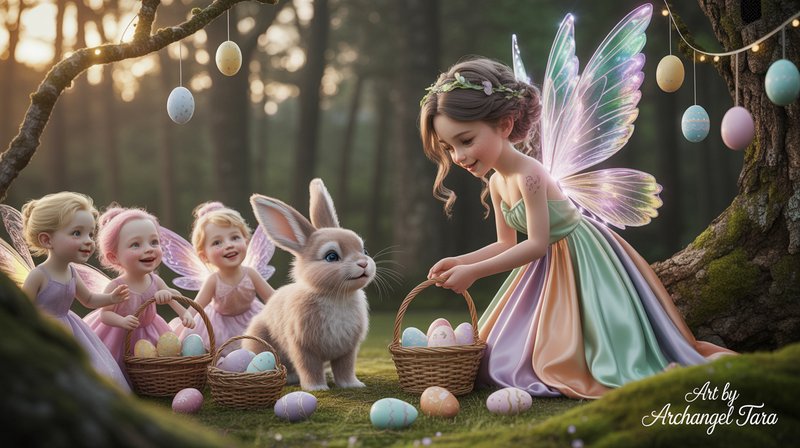 Whimsical forest scene with pastel Easter eggs, a fairy girl, children, and a bunny.
