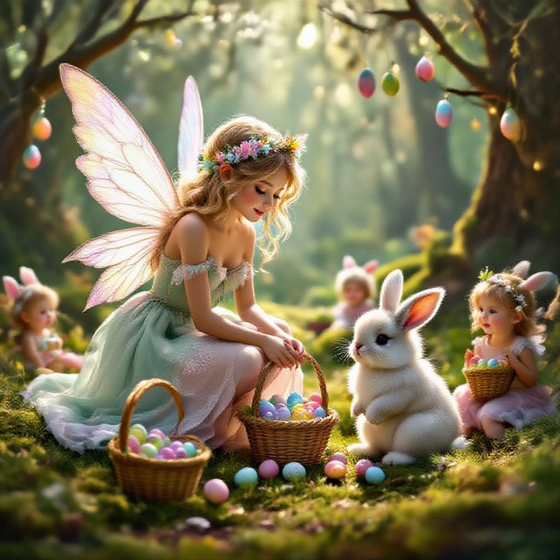 Soft-focused fairy in pastel dress with butterfly wings collecting Easter eggs with a white rabbit in a sunlit forest