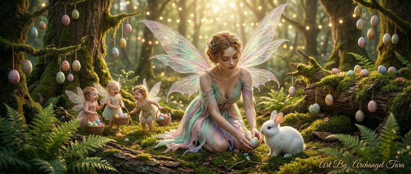Fairy with pastel iridescent wings in a mossy forest, surrounded by hanging pastel eggs and a white rabbit.