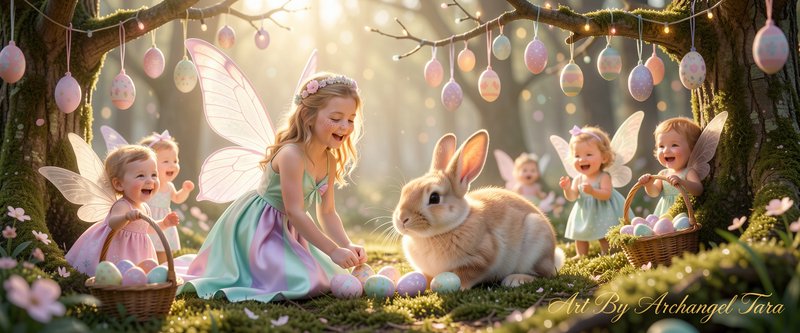 Whimsical scene of children with pastel fairy wings and a fluffy bunny among hanging Easter eggs in a sunlit forest.