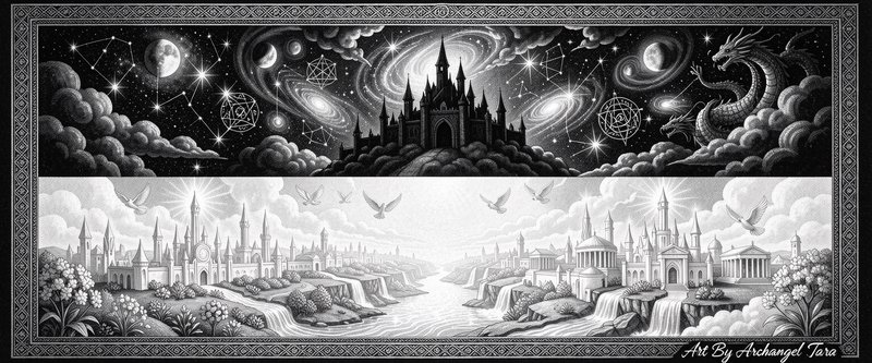Monochrome fantasy scene with a castle in the night sky above a river city, dragons and galaxies.