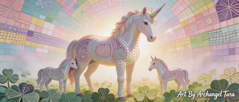 Colorful mosaic unicorns under a radiant rainbow arch in a whimsical fantasy scene