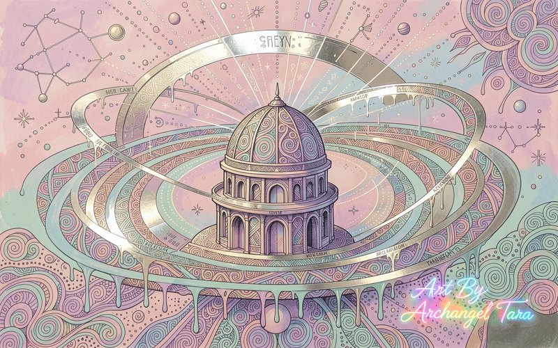 A pastel psychedelic illustration of a domed temple encircled by neon rings and swirling patterns.