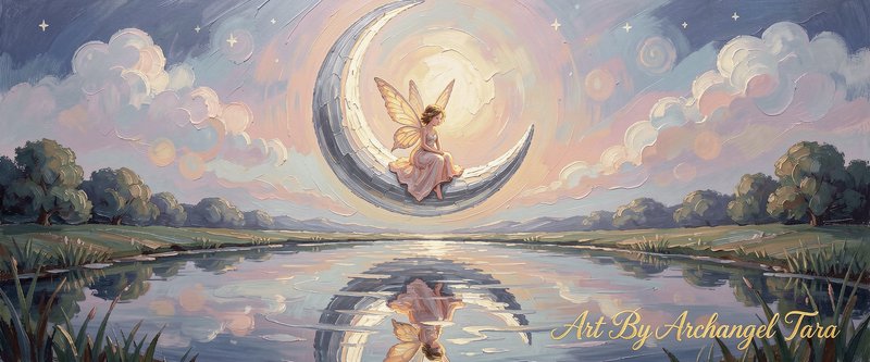 Fairy with wings sits on a glowing crescent moon above a tranquil, reflective lake.
