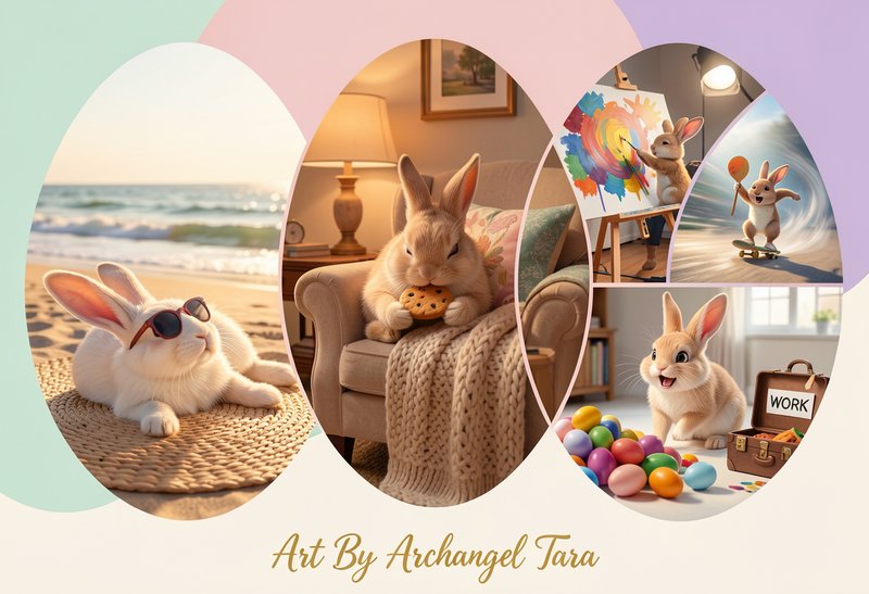 Pastel collage of bunnies in egg-shaped frames, painting, relaxing, and playing.