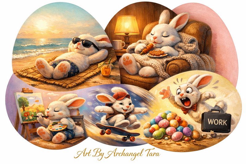 Whimsical collage of cute bunnies in cozy scenes: beach sunbathing, reading by a lamp, painting, skateboarding, and