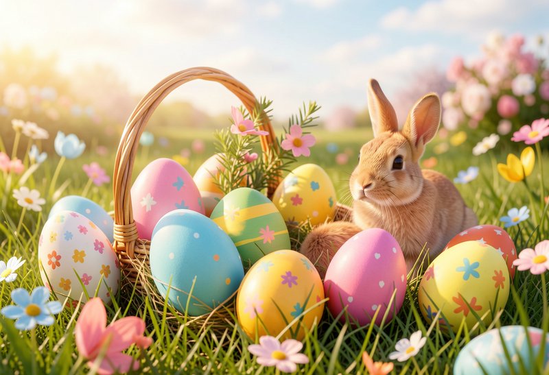 Pastel Easter eggs in a basket with a bunny in a sunny spring field