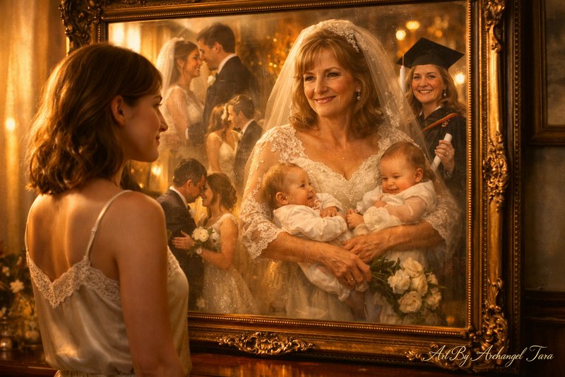 Bride in a lace wedding gown holding two babies, smiling at her reflection in an ornate gilded mirror