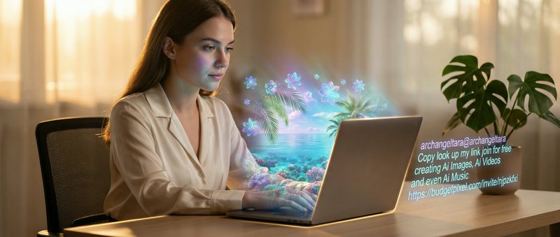 Woman at a desk using a laptop with a holographic tropical beach scene emerging from the screen.