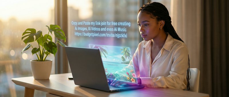 A woman works on a laptop with a holographic projection and tropical beach wallpaper in a bright home office.