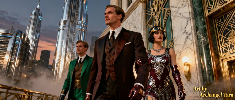 Three elegantly dressed individuals in a retro-futuristic, art deco cityscape with towering skyscrapers.