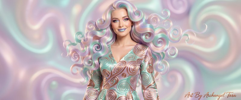 Portrait of a woman with pastel iridescent hair and a swirl-pattern dress against a dreamy pastel swirl background.