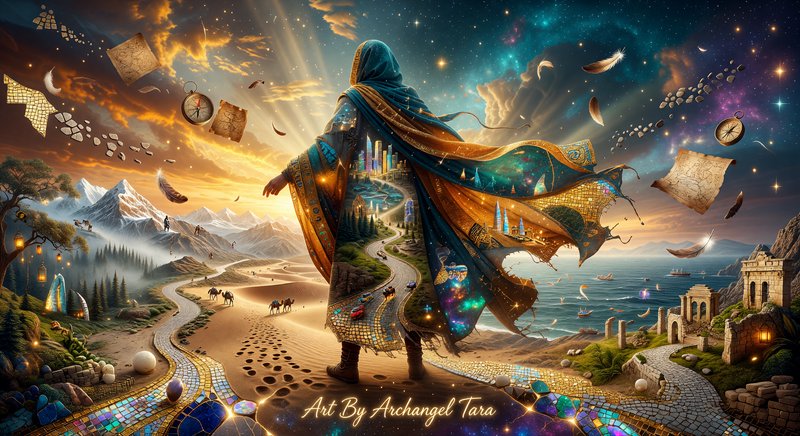 Fantasy traveler with a cloak revealing a winding path through mountains to the sea.