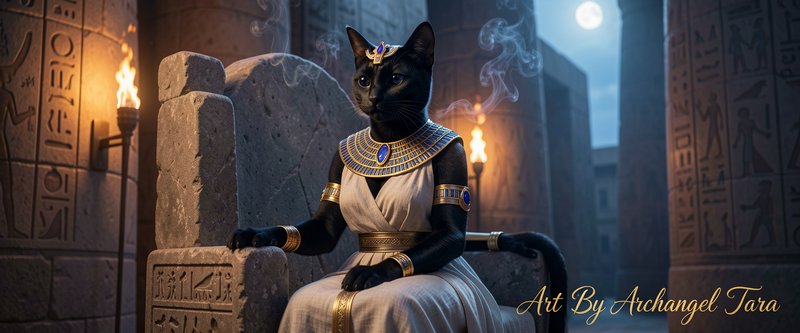 Black cat in Egyptian queen attire seated on a stone throne among hieroglyphs and torches.