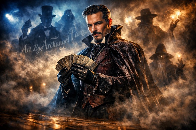 Stylish man in Victorian costume fanning playing cards amid smoky, moody candles.