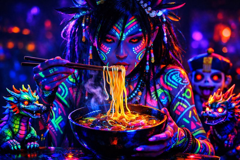 Person with neon body paint eating glowing noodles with chopsticks at a blacklight-lit scene.