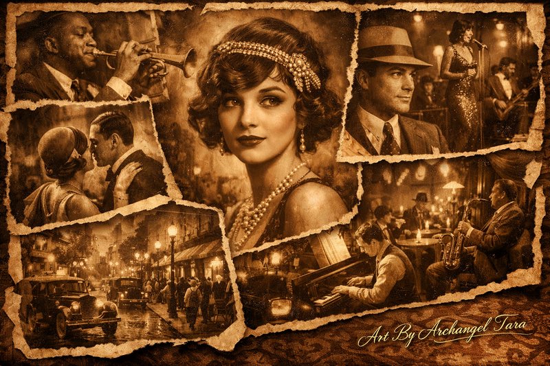 Sepia collage of 1920s jazz nightlife featuring a flapper, musicians and vintage street scenes.