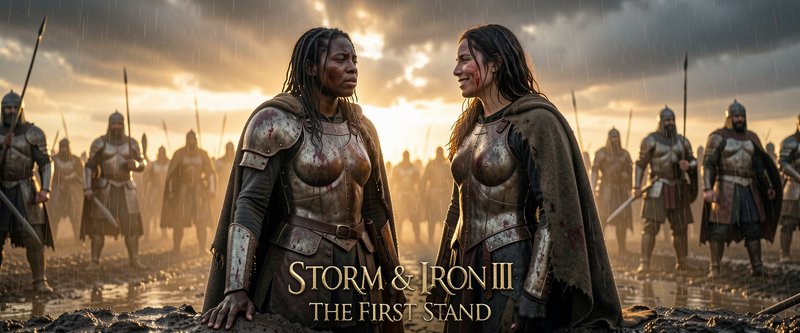 Two armored women kneeling in mud on a stormy battlefield with soldiers in the background and a dramatic sunset.