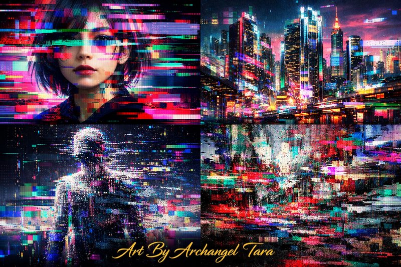 Glitch art collage featuring a portrait, neon cityscape, a glitchy figure, and abstract urban textures.