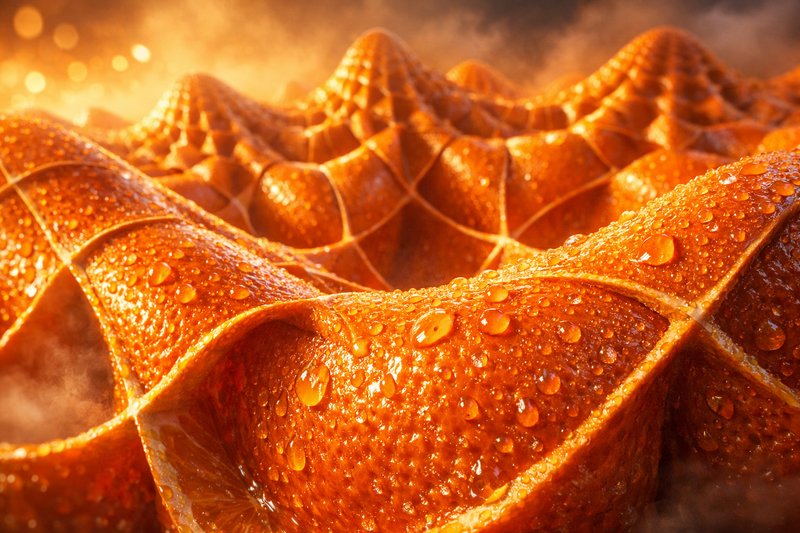Macro close-up of orange caramelized pastry ribbons with dew drops and lattice texture