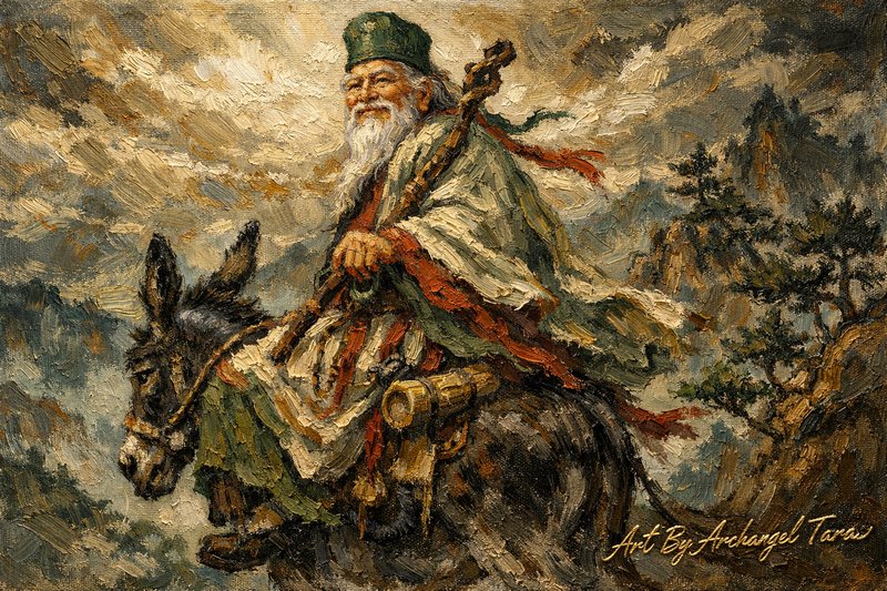 Old bearded sage in a green hat riding a donkey through rugged mountains.
