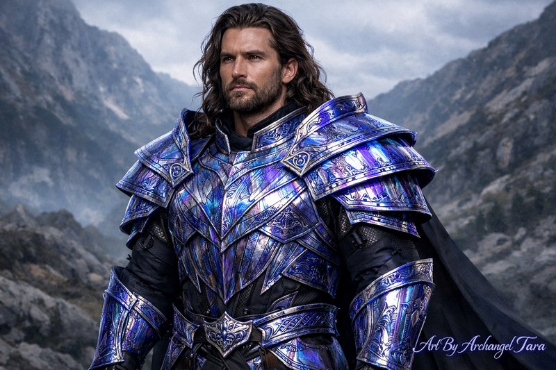 Male fantasy knight in shimmering blue-purple plate armor stands in a rugged mountain landscape.