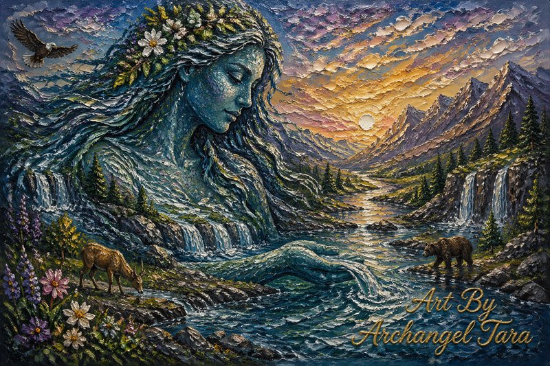 Fantasy landscape painting of a giant female silhouette formed by mountains and rivers at sunset with wildlife.
