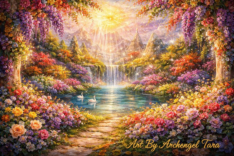 Vibrant fantasy garden landscape with a waterfall, sunlit mountains, and swans on a tranquil lake.