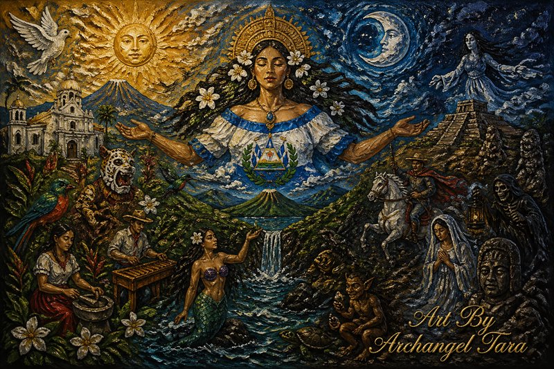Vibrant mural featuring a central goddess with outstretched arms amid sun and moon, mountains, sea, and diverse figures.