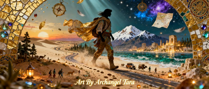 Silhouetted hero walks through a mosaic arch into a fantastical landscape with desert, river, mountains, and a glowing city.