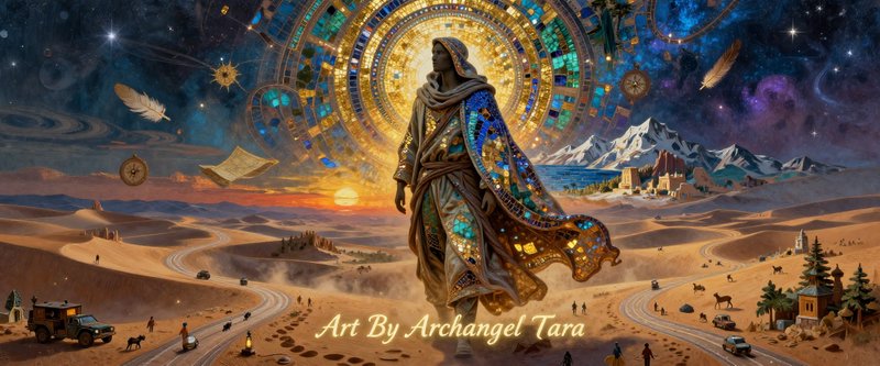 A hooded, cloaked figure stands in a glowing desert with a cosmic sky and a glowing golden circular artifact behind.
