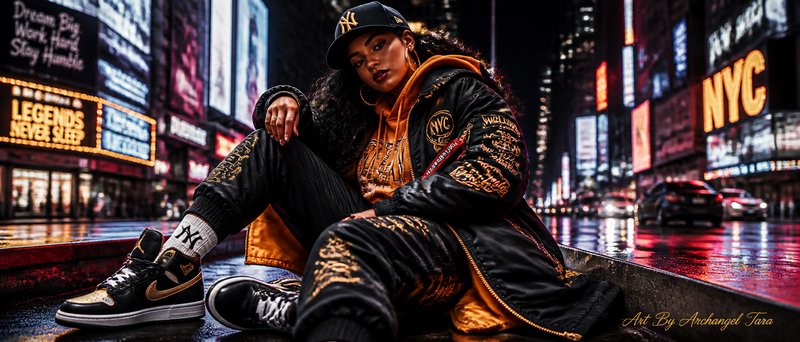 Woman in NYC streetwear sitting on a neon-lit, rain-slick street at night.