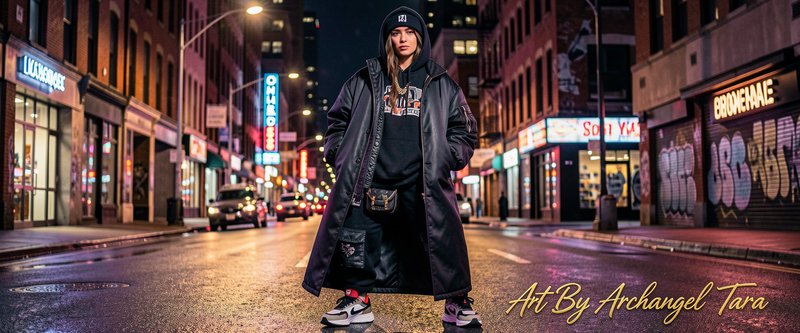 Person in oversized black coat and hoodie standing on a neon-lit urban street at night.