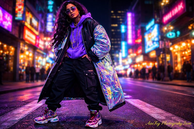 A stylish person in a holographic coat and purple hoodie posing on a neon-lit city street at night.