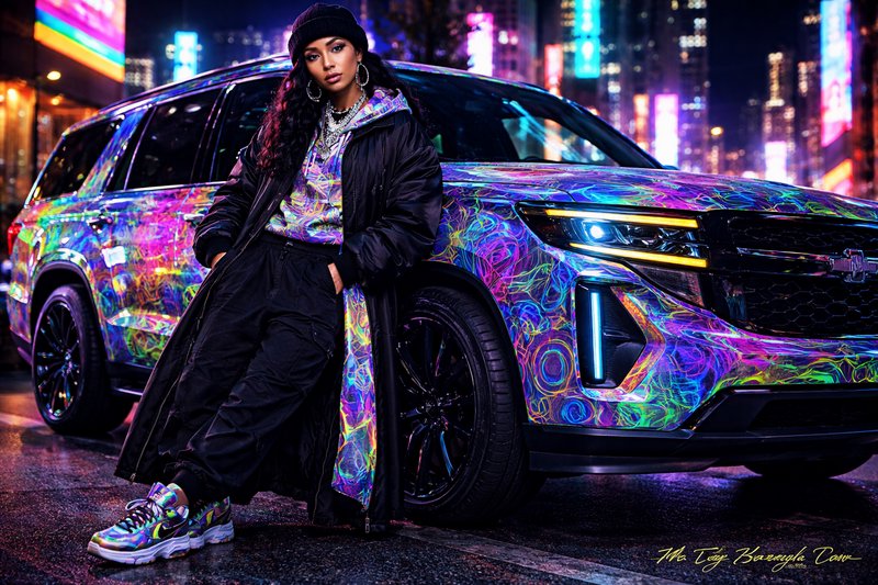 Woman leaning against a psychedelic, multicolored SUV at night with neon city lights.