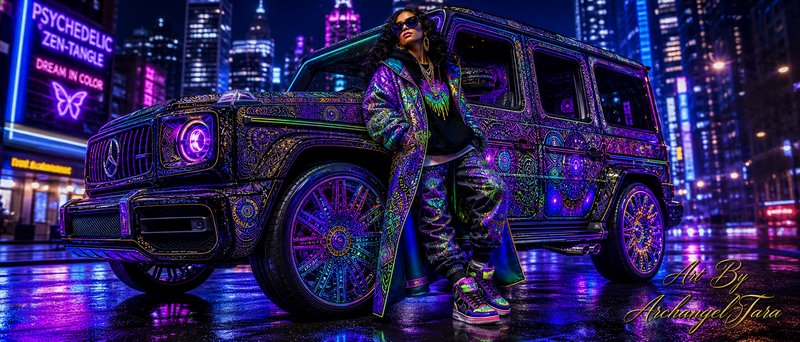 Person in a vibrant psychedelic outfit leaning on a purple neon-lit Mercedes G-Wagon in a neon city at night.