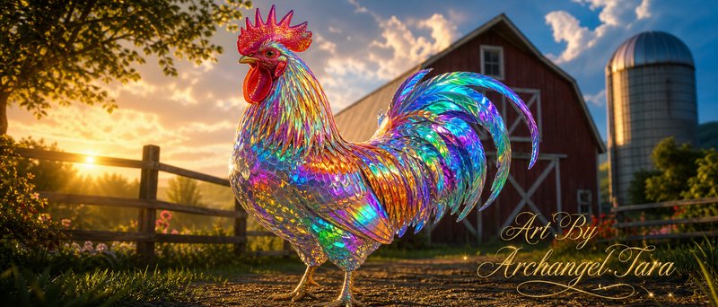 Colorful iridescent rooster sculpture on a farm at sunset with a red barn and silo in the background
