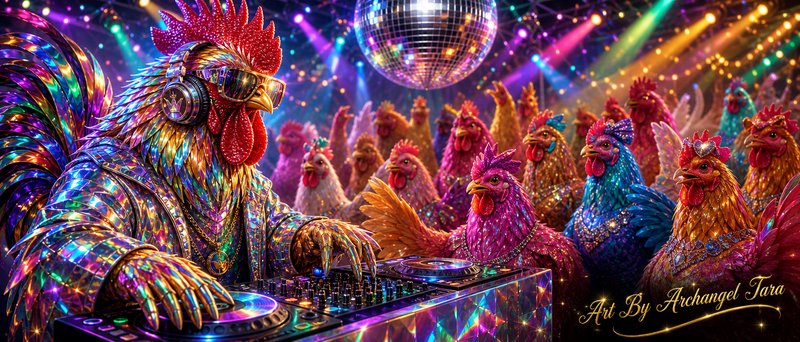 Colorful rooster DJ in shimmering feather costume wearing headphones at a neon disco party with a glittering disco ball