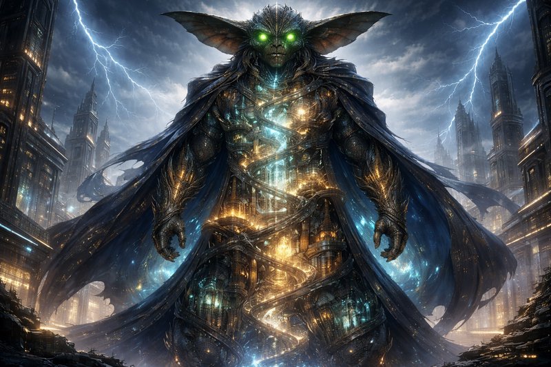 Dark armored eldritch figure with glowing green eyes, standing in a stormy cityscape with luminous energy coils.