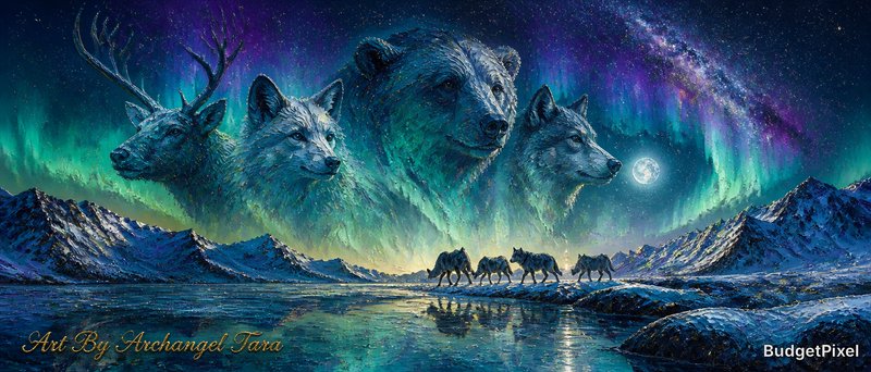 Surreal winter landscape: wolves on ice under aurora borealis with giant bear heads in the sky.