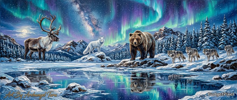 Snowy Arctic scene with elk, a bear, a white wolf, and wolves beneath the aurora borealis.